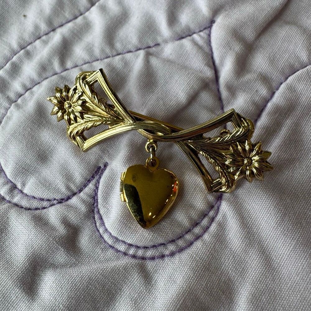 Vintage Lillian Vernon Gold-Tone Bar Brooch | Floral Bow with Dangling Heart Loc